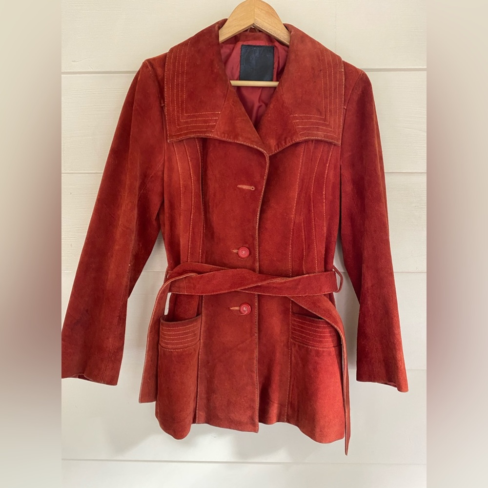 Vintage 70s red orange suede leather belted jacket